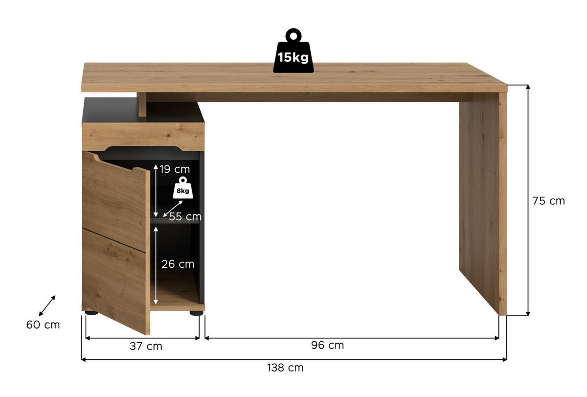 SCHREIBTISCH Eiche Artisan, Grau 138 cm, Container mit Soft-Close - Schwarz/Eiche Artisan, Holzwerkstoff/Kunststoff (60/138/75cm) - Inn.Furn
