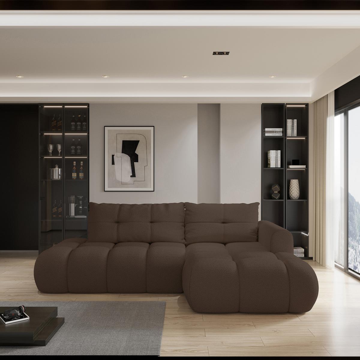 ECKSOFA FLUMA R-S Braun Boucle-Stoff mit Schlaffunktion - Braun, Holz (279/158cm) - MASSENO
