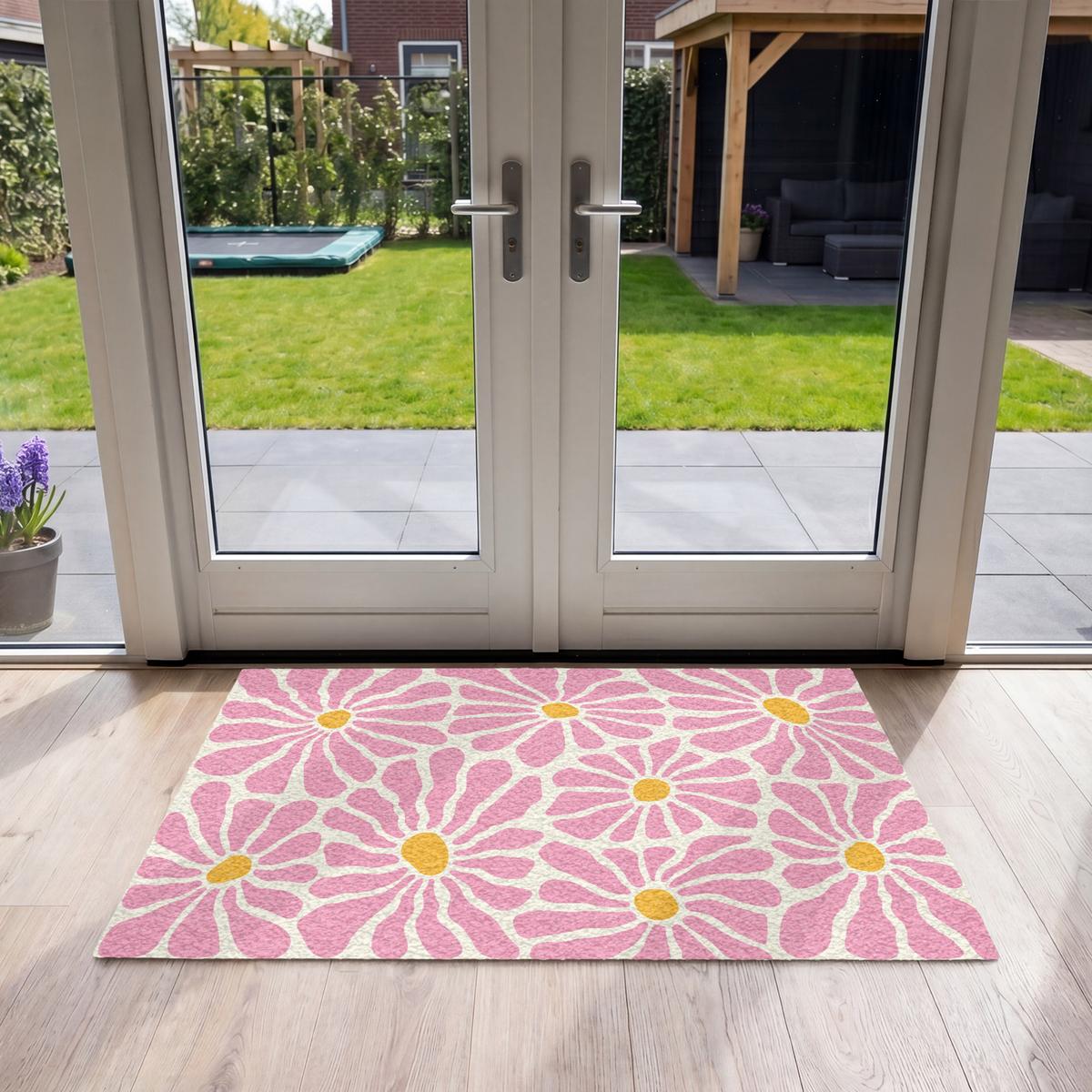 FUSSMATTE Blumen - Muster - Rosa - Beige - Orange Sauberlaufmatte 120x80 cm - Rosa, Kunststoff (120/0.4cm) - MuchoWow