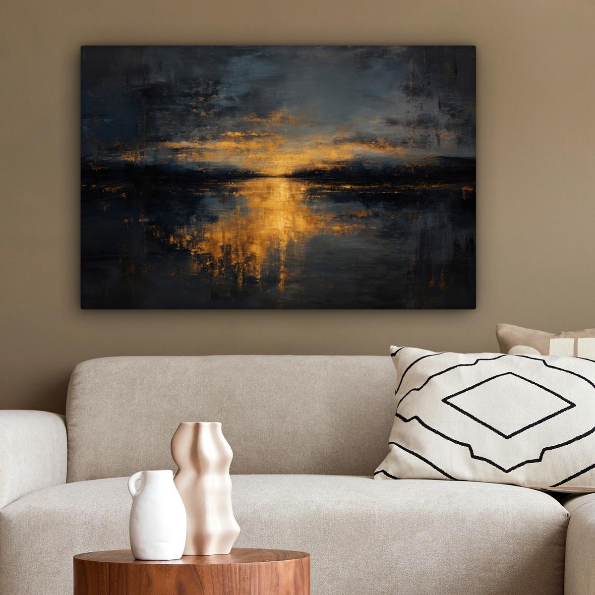 LEINWANDBILD Goldene Reflexion auf dem Wasser Gemälde 60x40 cm - Anthrazit, Textil (60/40cm) - MuchoWow