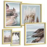 BILDER SET 5er Set - 50x50 cm & 20x30 cm & 40x60 cm Goldrahmen - Abstrakte Muster beige weiß - Goldfarben, Kunststoff (40/60cm) - TULUP
