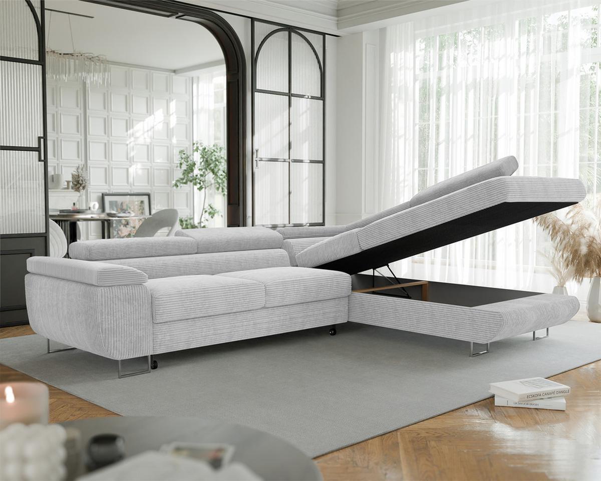 ECKSOFA ANTON rechts, mit Schlaffunktion und Bettkasten Hellgrau - Chromfarben/Hellgrau, Textil/Metall (274/203cm) - Idohome