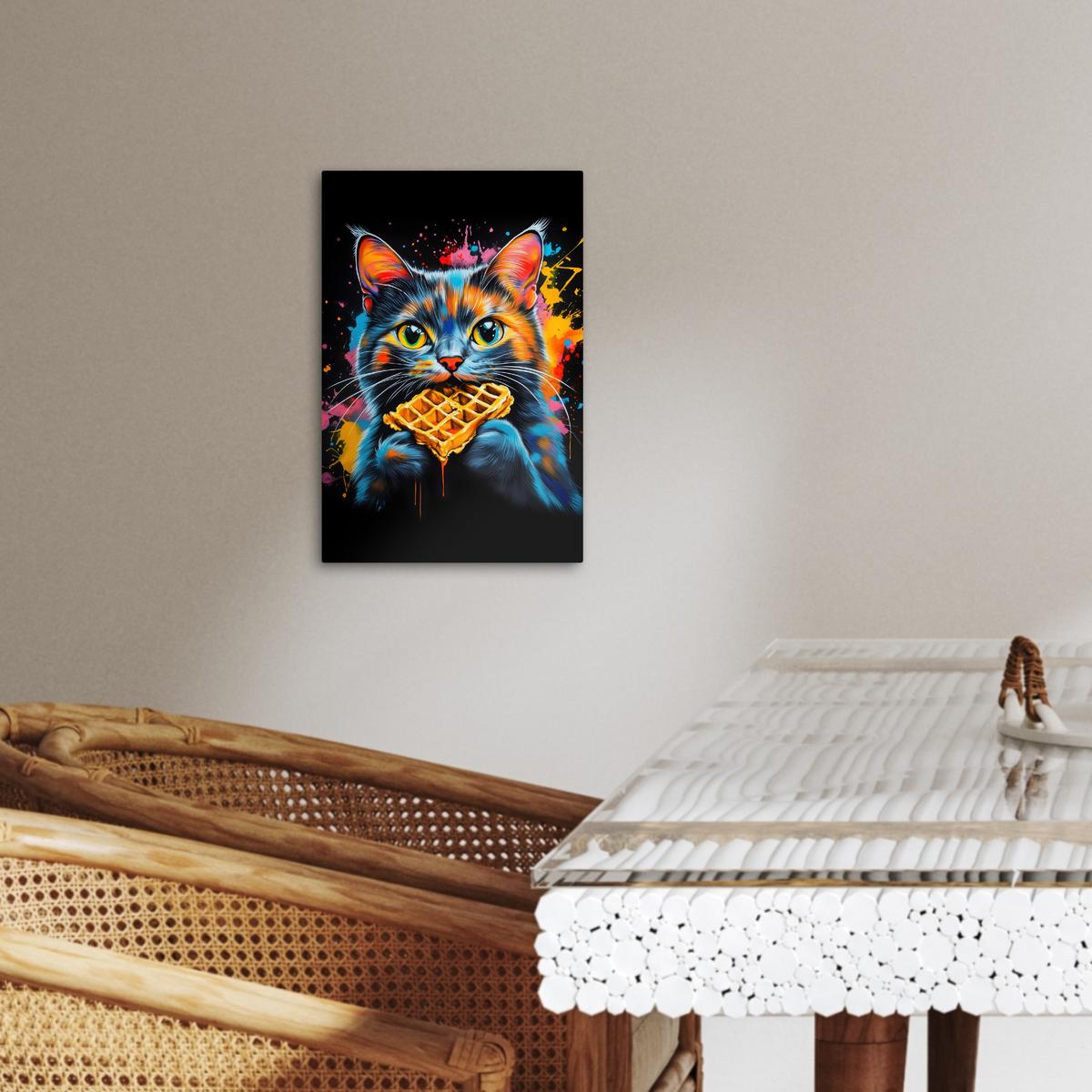LEINWANDBILD Katze - Graffiti - Bunt - Waffel - Essen Deko Wohnzimmer 20x30 cm - Türkis, Textil (20/30cm) - MuchoWow