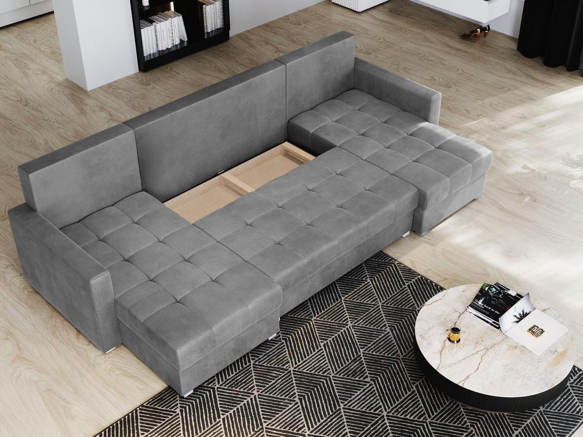 WOHNLANDSCHAFT NAKO M Hellgrau Velours-Stoff mit Schlaffunktion - Hellgrau/Grau, Holz/Kunststoff (285/85/140cm) - MASSENO
