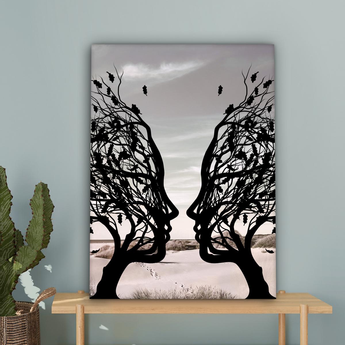 LEINWANDBILD Strand - Meer - Menschen - Baum - Moderne Kunst Wandbild Wohnzimmer 60x80 cm - Hellgrau, Textil (60/80cm) - MuchoWow