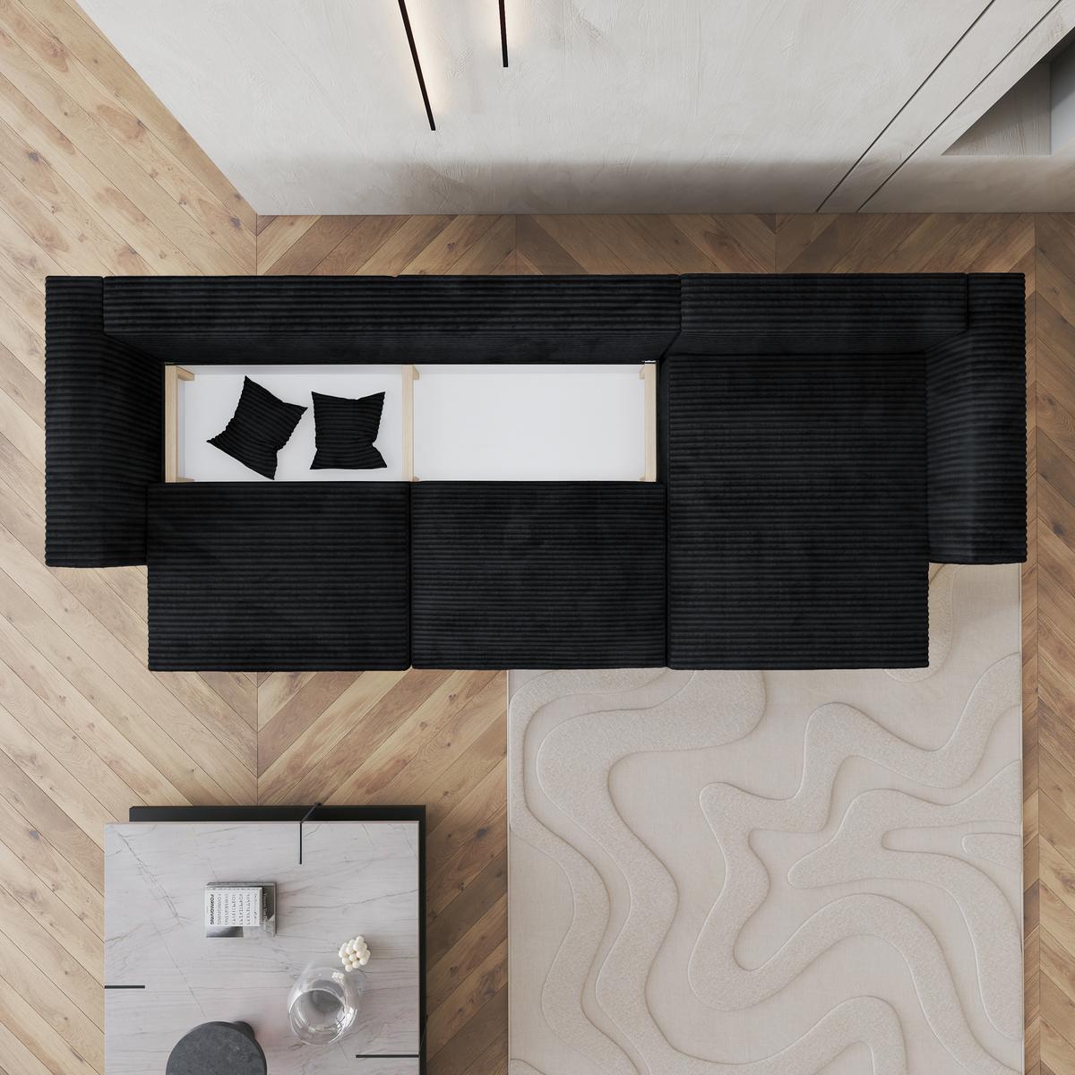 ECKSOFA TOLMO Schwarz Kordstoff mit Schlaffunktion - Schwarz/Grau, Holz/Kunststoff (347/148cm) - MASSENO
