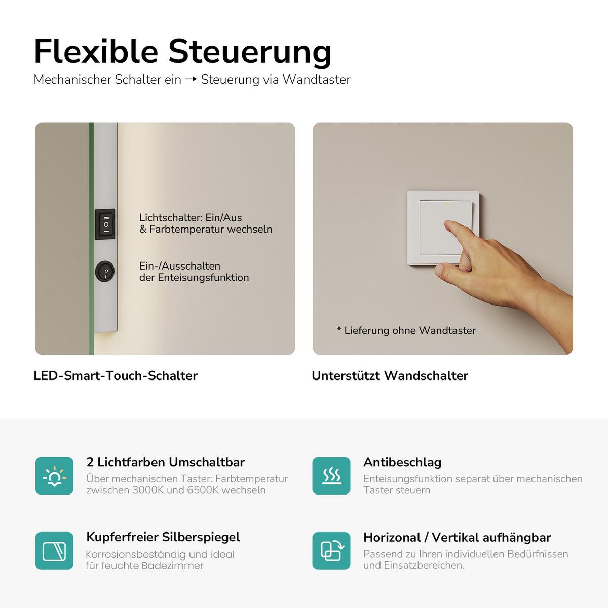 BADSPIEGEL LED abgerundet Kaltweiß/Warmweiß Wippschalter seitlich 60/40 cm - Transparent, Glas (60/40/3.6cm) - EMKE