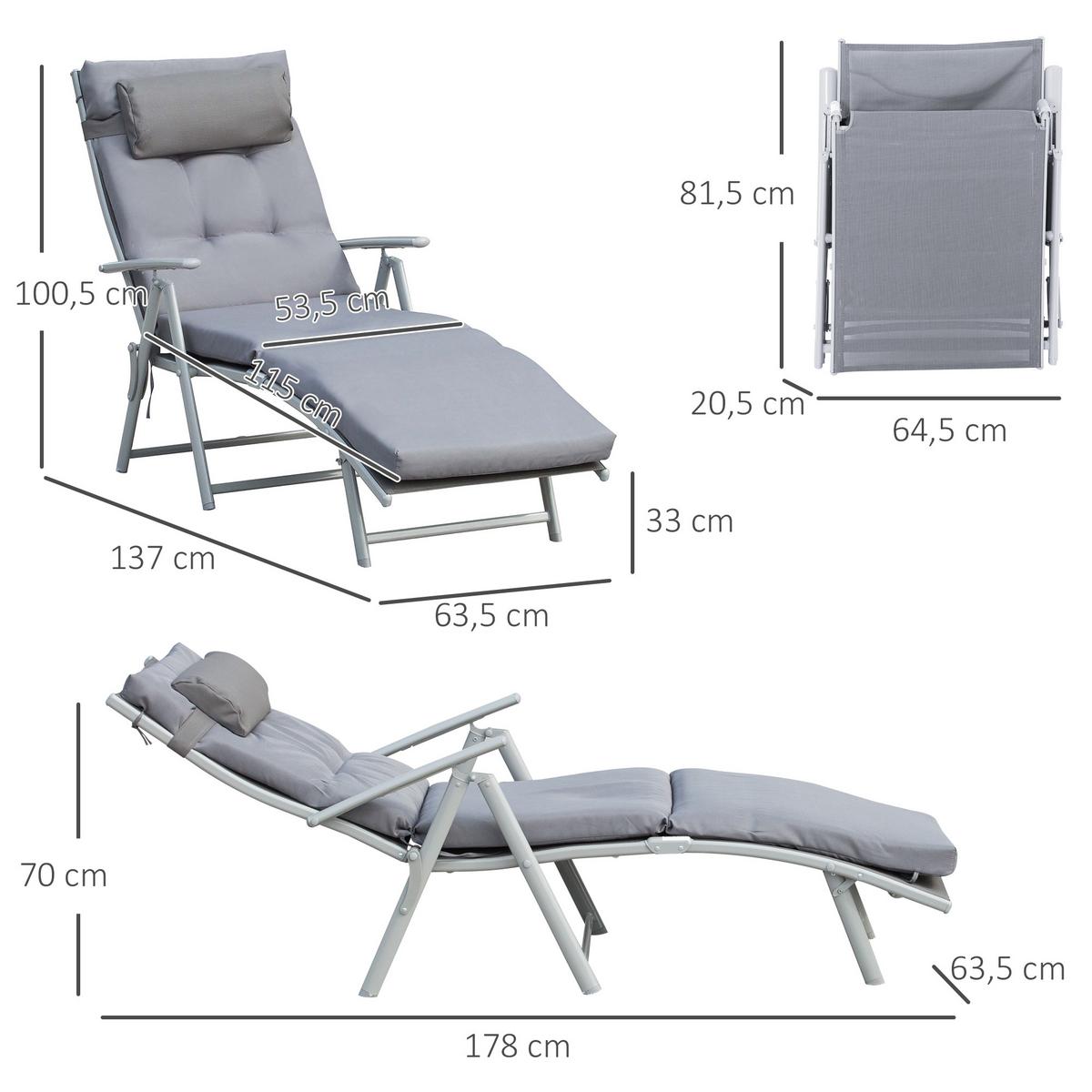 SONNENLIEGE, verstellbar, 137 x 63,5 x 100,5 cm, Metall, Stoff, Grau - Grau, Kunststoff (63/5/137cm) - Outsunny