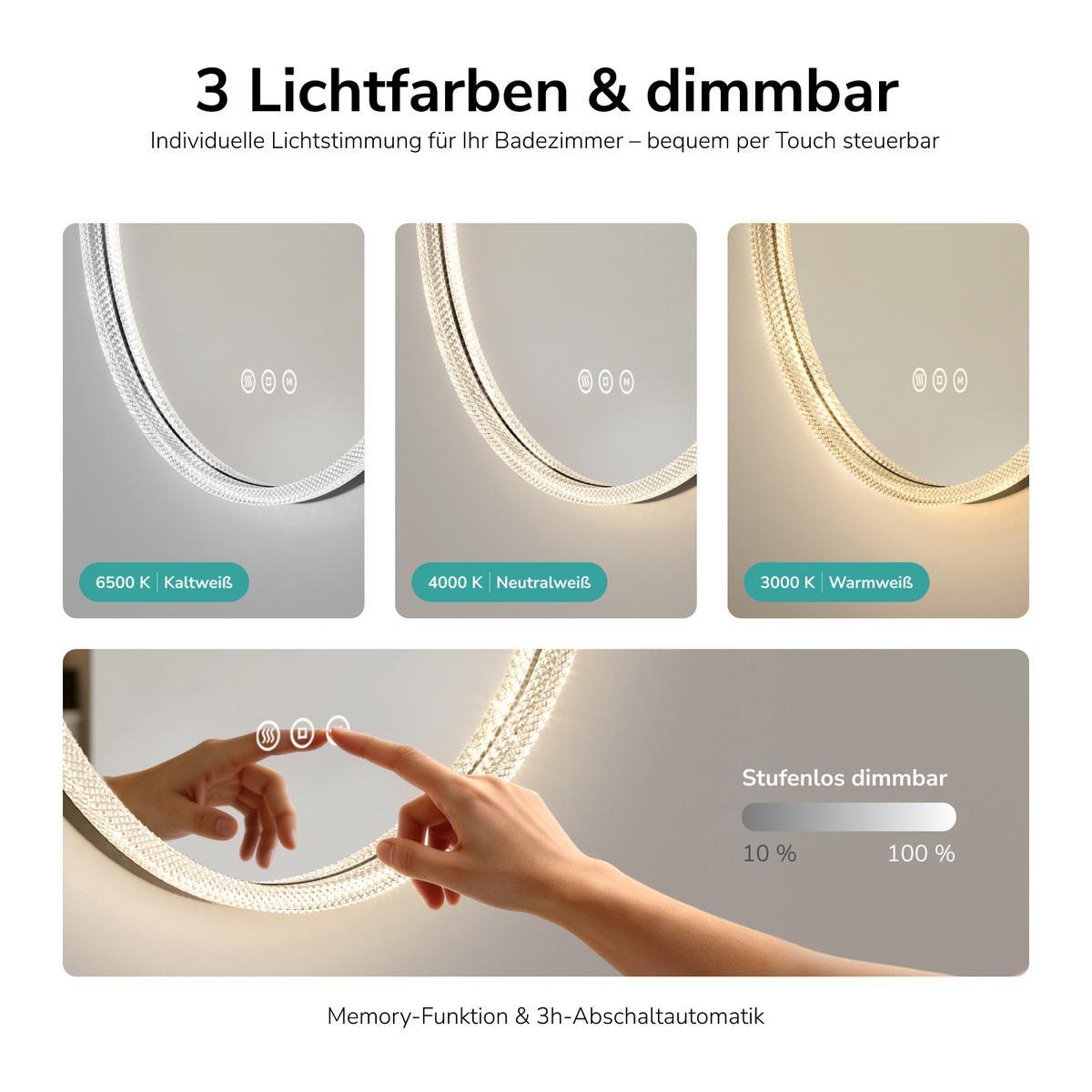 BADSPIEGEL Rund mit LED-Beleuchtung Ø 60 cm, schwarzer Rahmen, 3 Lichtfarben, beschlagfrei - Schwarz, Glas (60/60/4.3cm) - EMKE