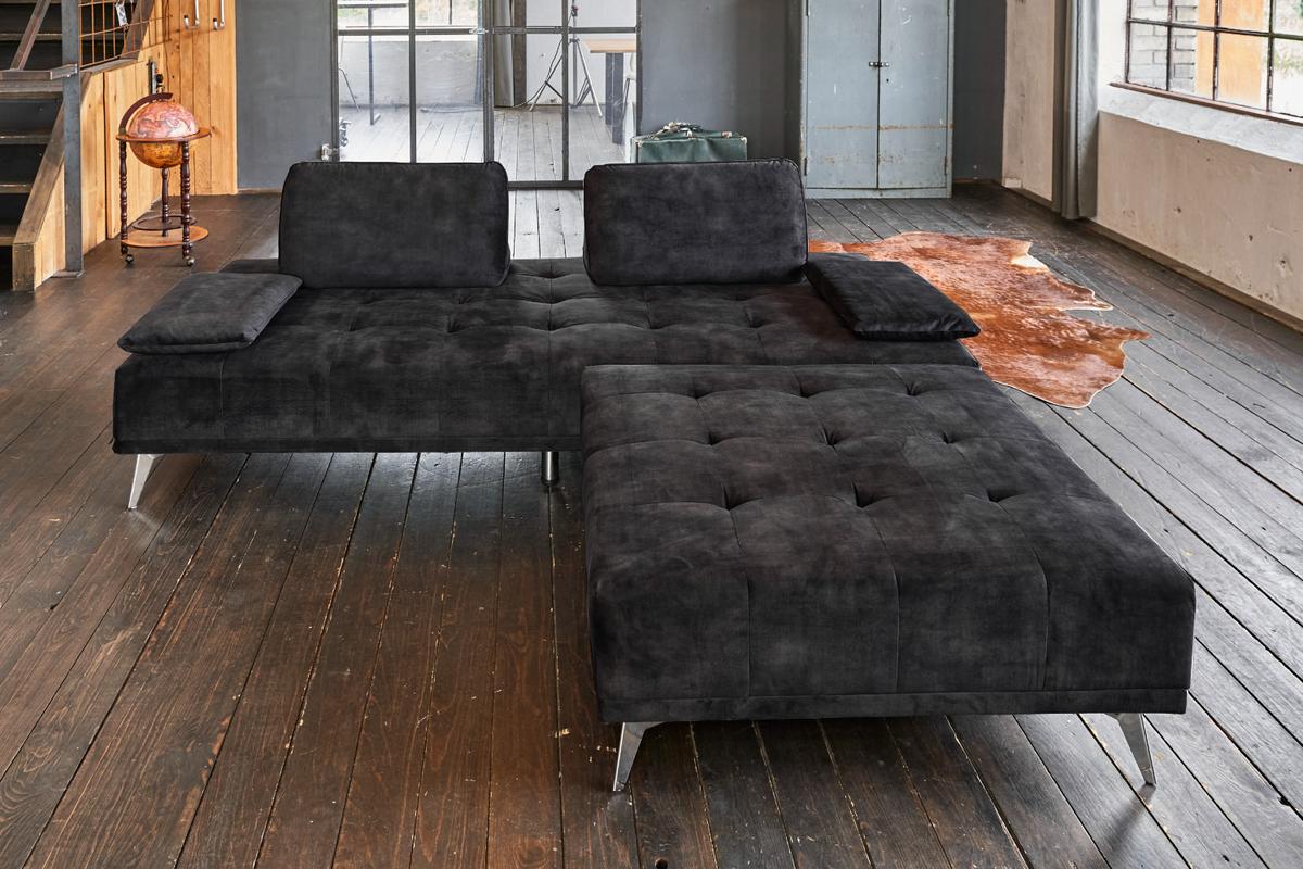 SOFA MIT HOCKER WIOLO Anthrazit Velvet - Anthrazit/Silberfarben, Textil/Metall (240/80/110cm) - KAWOLA
