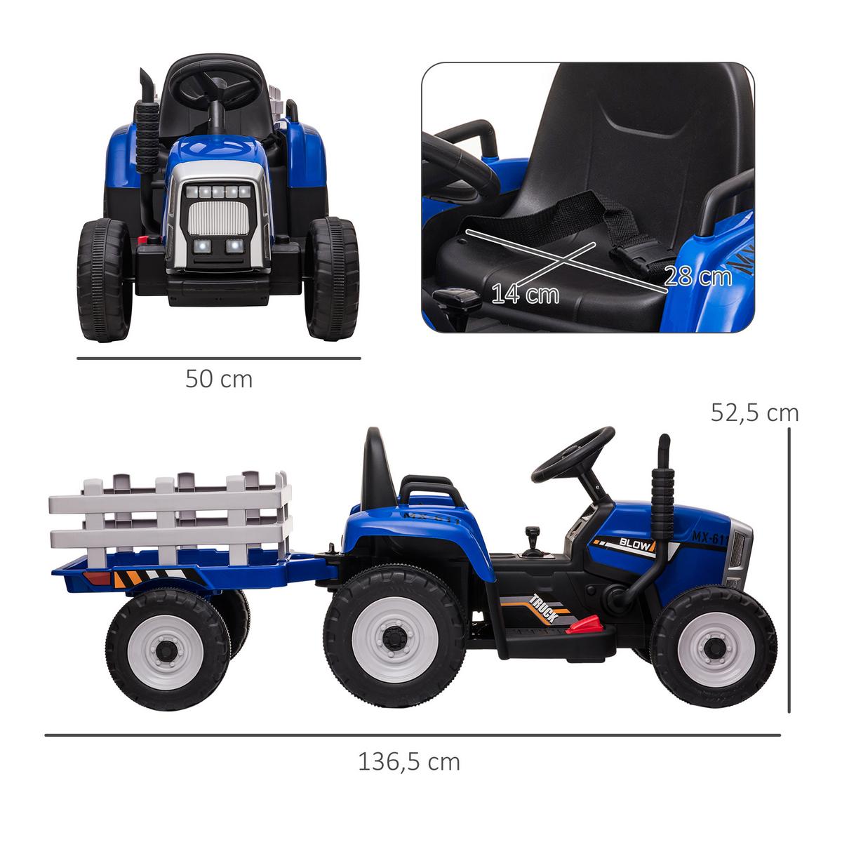 ELEKTRISCHER Traktor Kinder Aufsitztraktor mit MP3 Funktion, 3-6KM/H, Blau - Blau, Metall (136.5/50/52.5cm) - HOMCOM