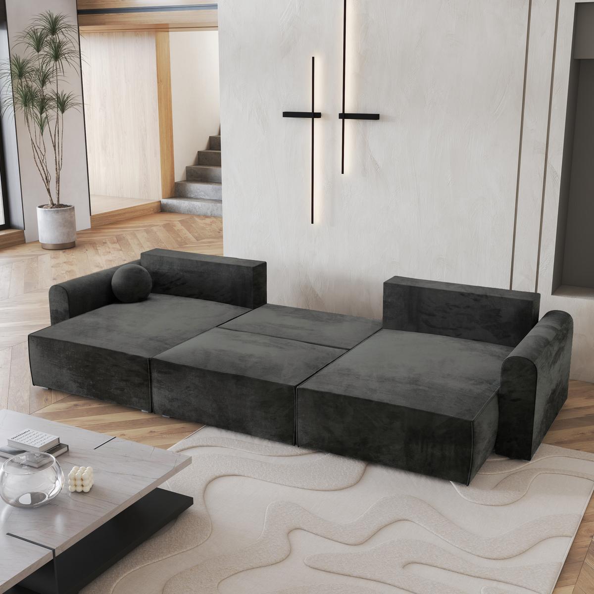 WOHNLANDSCHAFT FENTO M Schwarz Velours-Stoff mit Schlaffunktion - Schwarz/Grau, Holz/Kunststoff (347/90/148cm) - MASSENO