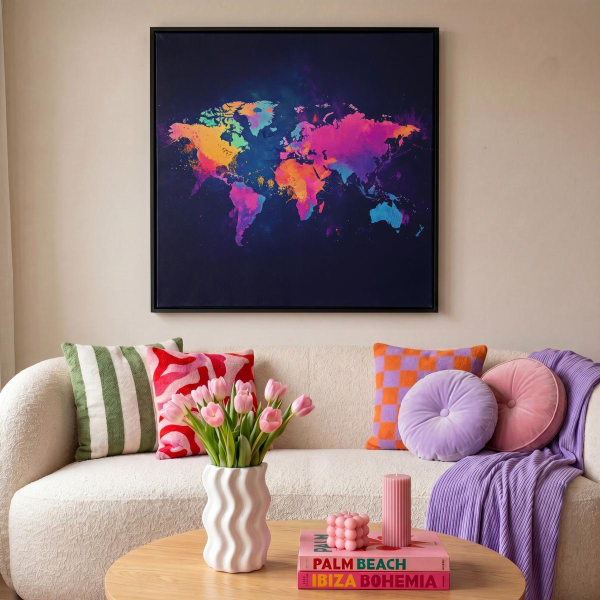 LEINWAND Bilder mit Rahmen - Weltkarte - Bunt - Graffiti - 90x90 - Multicolor, Textil (90/90cm) - MuchoWow