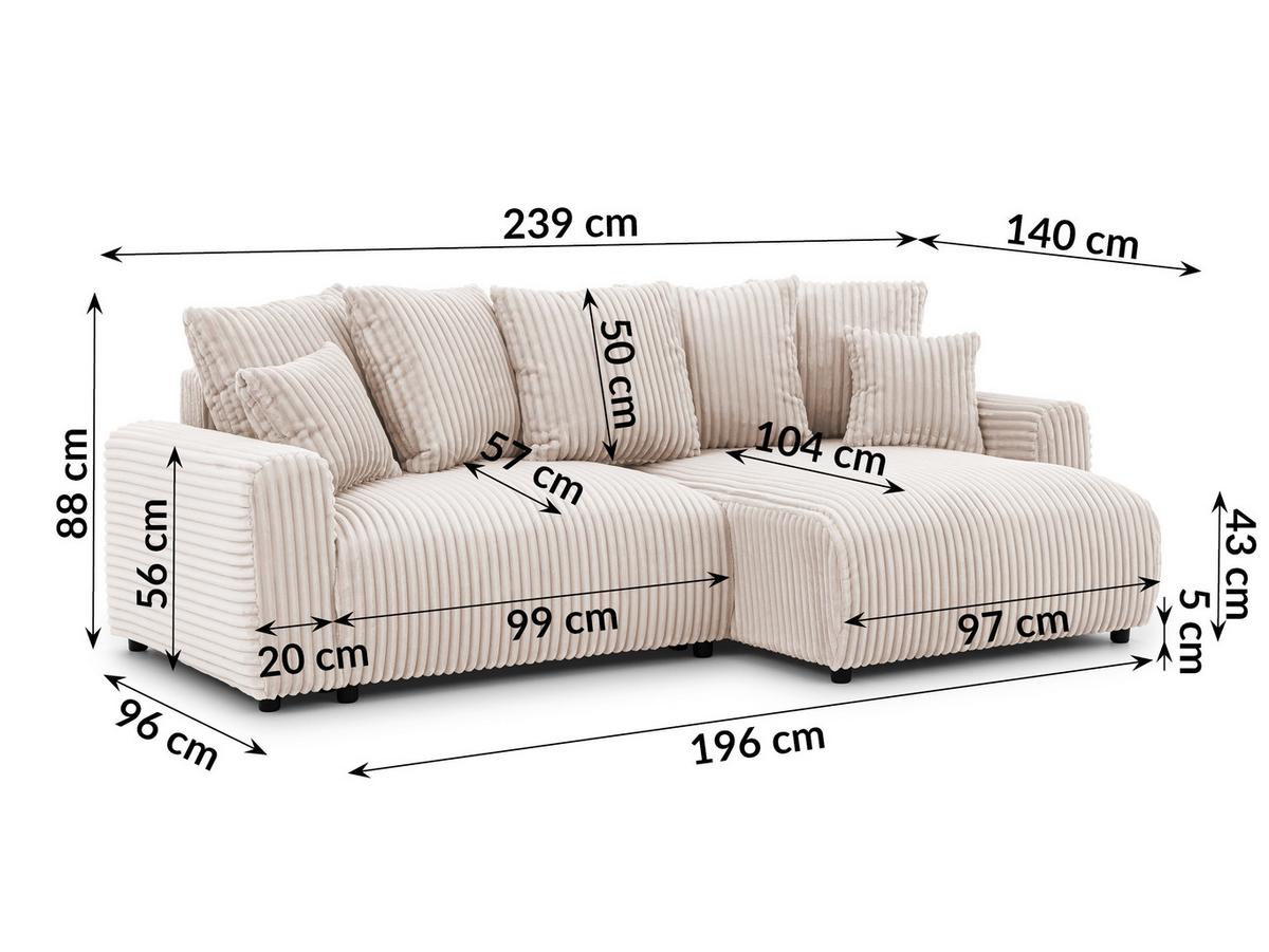 ECKSOFA Calma mit Schlaffunktion und Bettkasten im Bumpy-Design aus weichem Beige Plüschcord - Ottomane rechts - Beige/Schwarz, Holz/Kunststoff (140/239cm) - S-Style