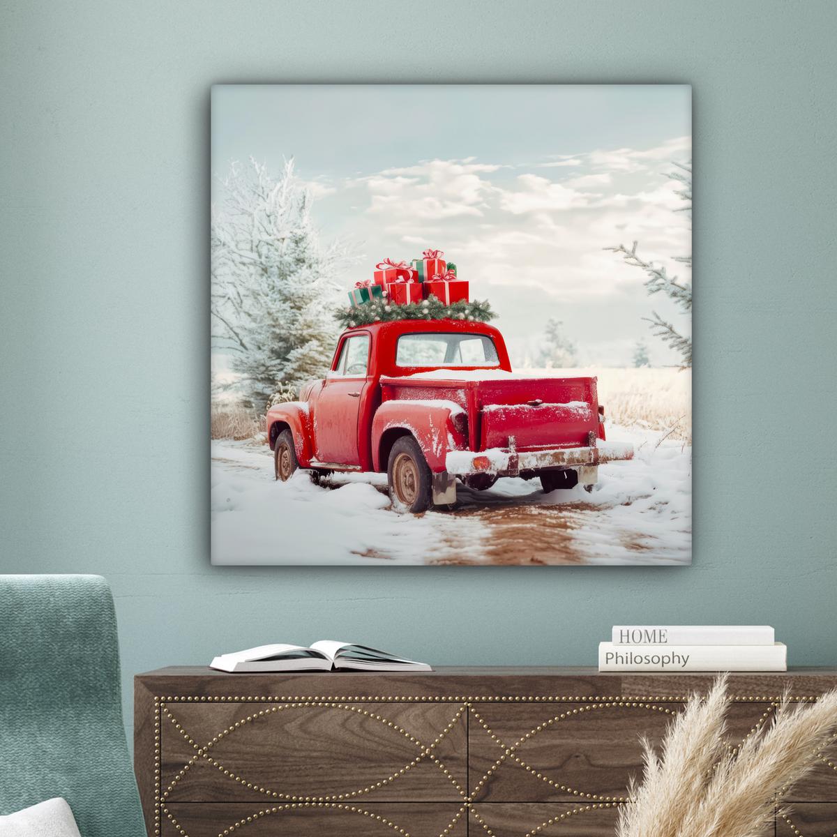LEINWANDBILD Auto - Rot - Geschenke - Winter - Schnee - Weihnachten Deko Groß 90x90 cm - Rot, Textil (90/90cm) - MuchoWow