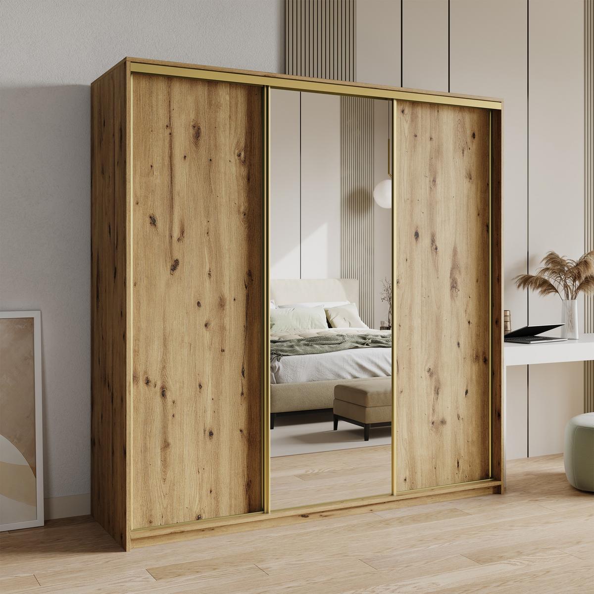 SCHWEBETÜRENSCHRANK TAVI 200/205/60 cm 3-türig mit Spiegel Eiche Artisan - Eiche Artisan, Holzwerkstoff (200/205/60cm) - MASSENO