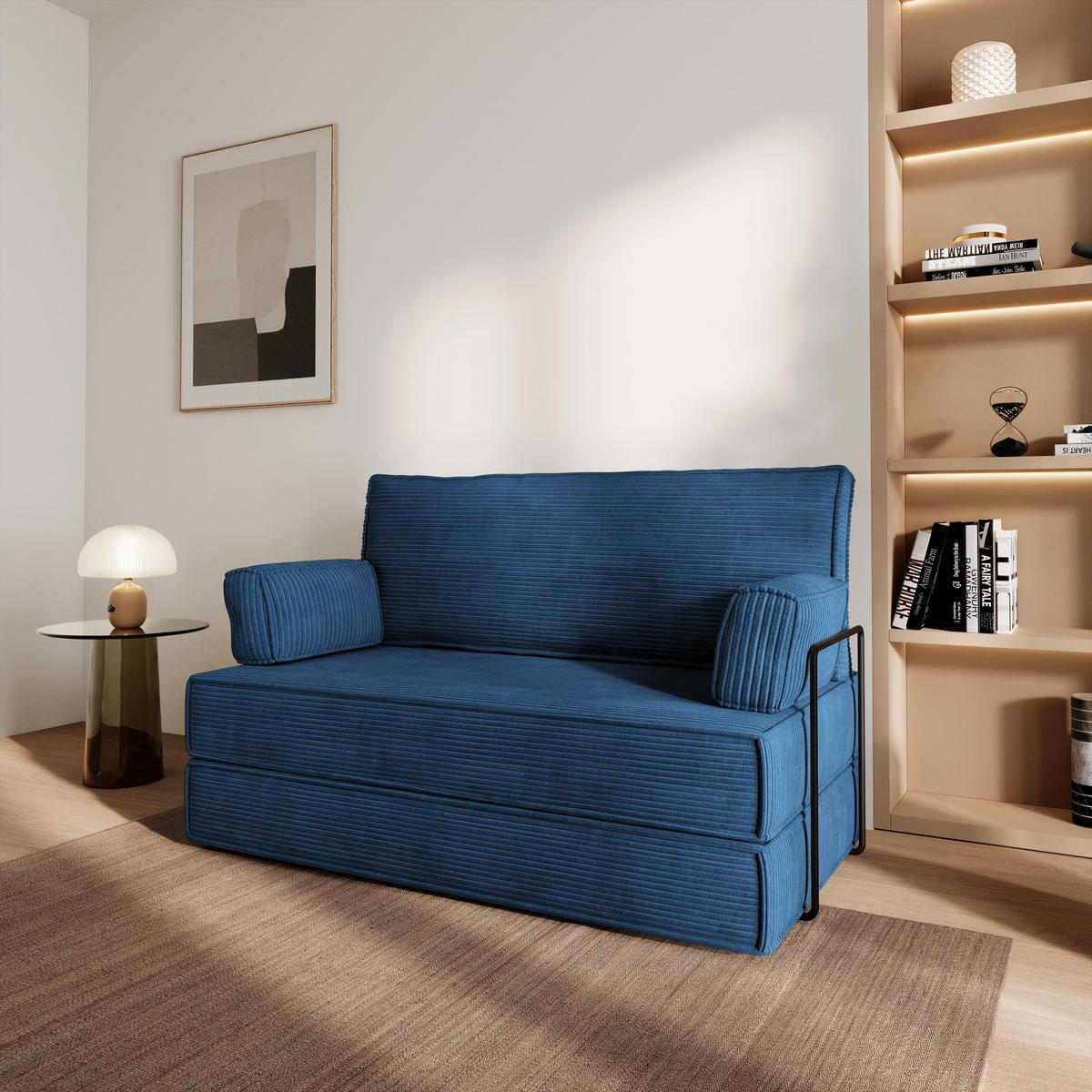 BETTSOFA LADIA aus Schaumstoff Kordstoff Blau Schlaffunktion - Blau, Textil (140/86/60cm) - MASSENO