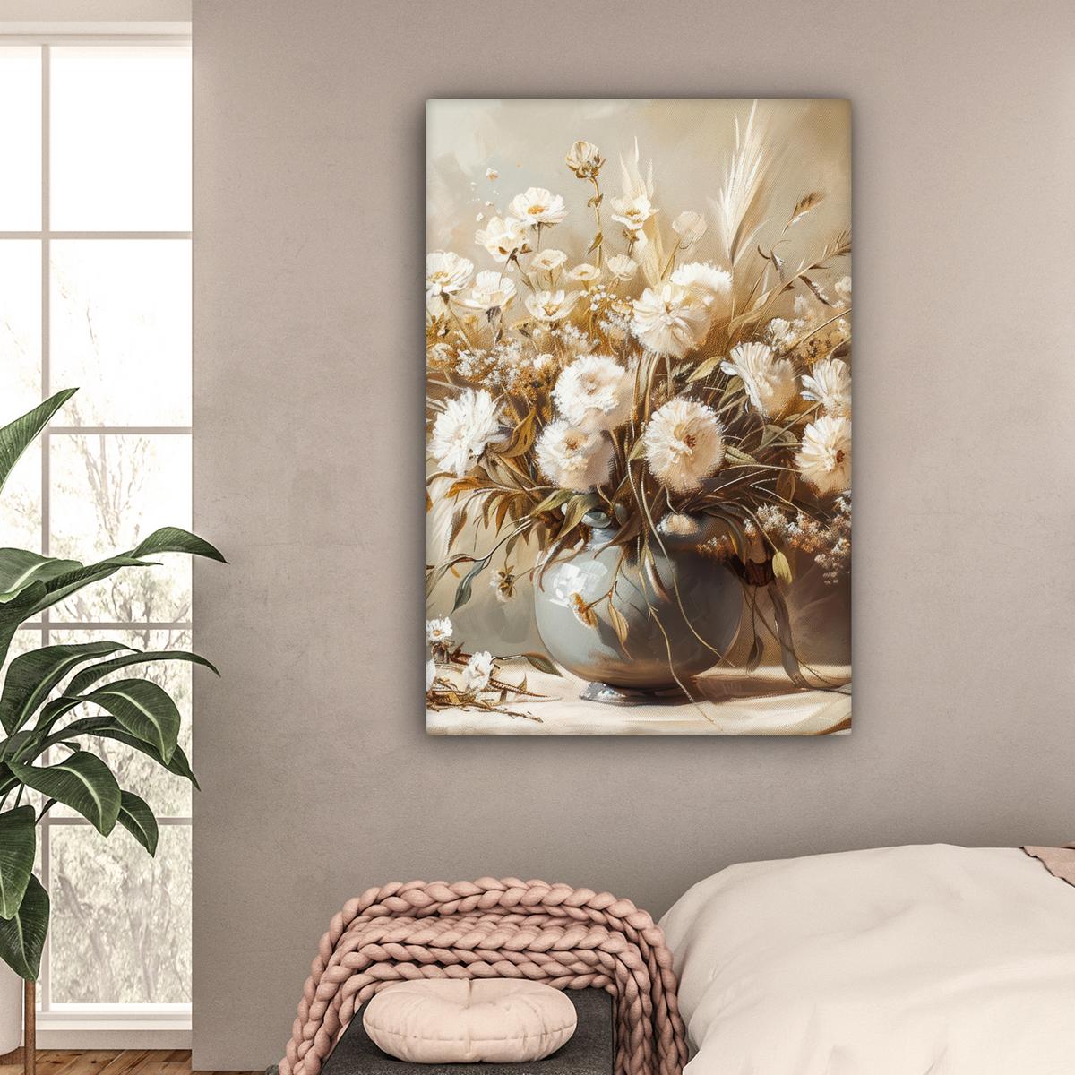 LEINWANDBILD Blumen - Vase - Stilleben - Beige Deko XXL 80x120 cm - Creme, Textil (80/120cm) - MuchoWow