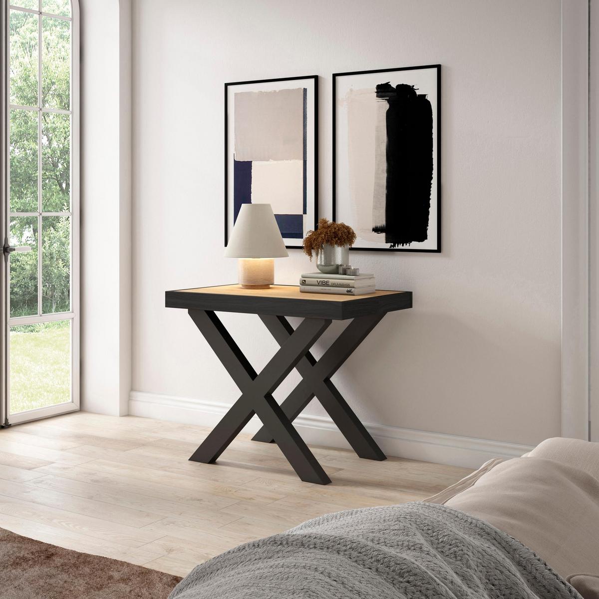KONSOLENTISCH ausziehbar 58 bis 160cm, für 8 Gäste, eiche, schwarz, 90/58/73cm - Eichefarben/Multicolor, Holzwerkstoff (90/160/73cm) - Skraut Home