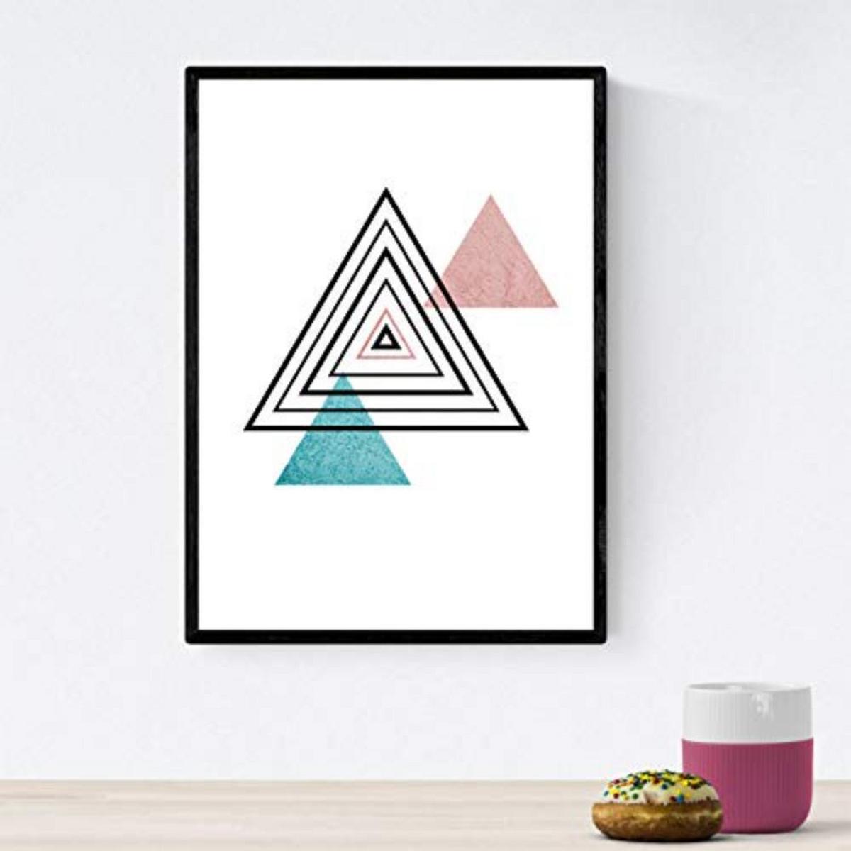 POSTER Set mit 4 Geometrische Nordischer Dreiecken im Pastelltönen A4 Schwarzer Rahmen - Schwarz, Papier (29.7/3cm) - Nacnic