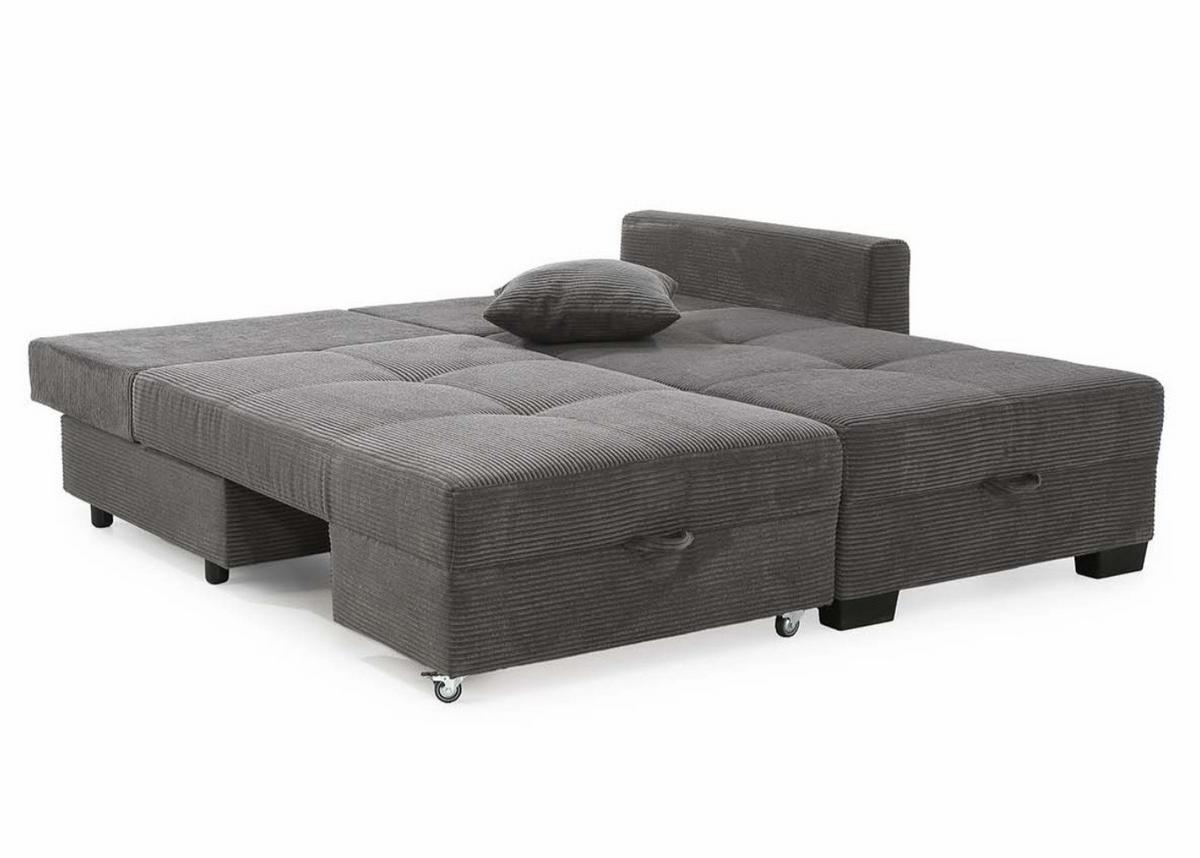 ECKSOFA Doppelbett mit Bettkasten, seitenverkehrt montierbar B247/T155/H87 cm, Liegefläche 183x207 cm, Cord Dunkelgrau / 15214 - Dunkelgrau/Schwarz, Kunststoff/Textil (247/155cm) - luma-home
