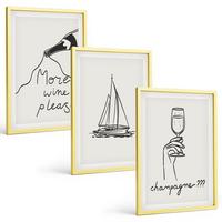 BILDER SET 3er Set - 40x60 cm Goldrahmen - Weinsegelboot-Glas-Linienzeichnung - Goldfarben, Kunststoff (40/60cm) - TULUP