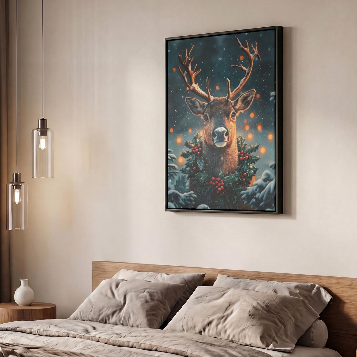 LEINWAND Bilder mit Rahmen - Hirsch - Weihnachten - Winter - Schnee - Weihnachtskranz - 50x70 - Dunkelbraun, Textil (50/70cm) - MuchoWow