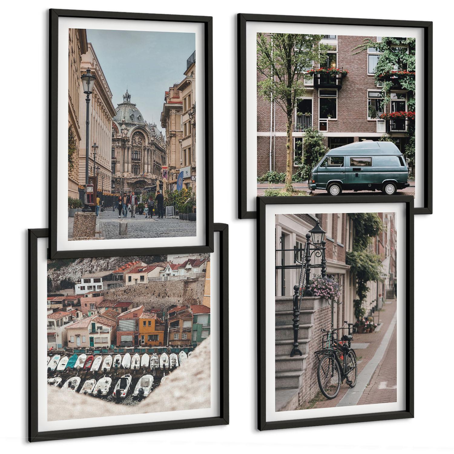 BILDER SET 4er Set - 50x50 cm & 40x60 cm Schwarzer Rahmen - Stadtansichten von Gebäuden - Schwarz, Kunststoff (50/50cm) - TULUP