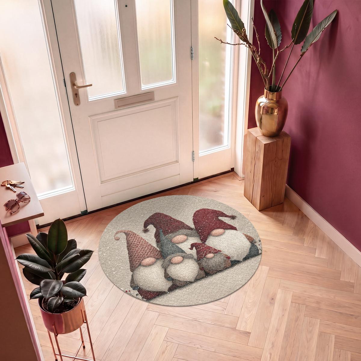 FUSSMATTE Wichtel - Weihnachten - Schnee - Zipfelmützen Türmatte 120x120 cm - Beige, Kunststoff (120/0.4cm) - MuchoWow