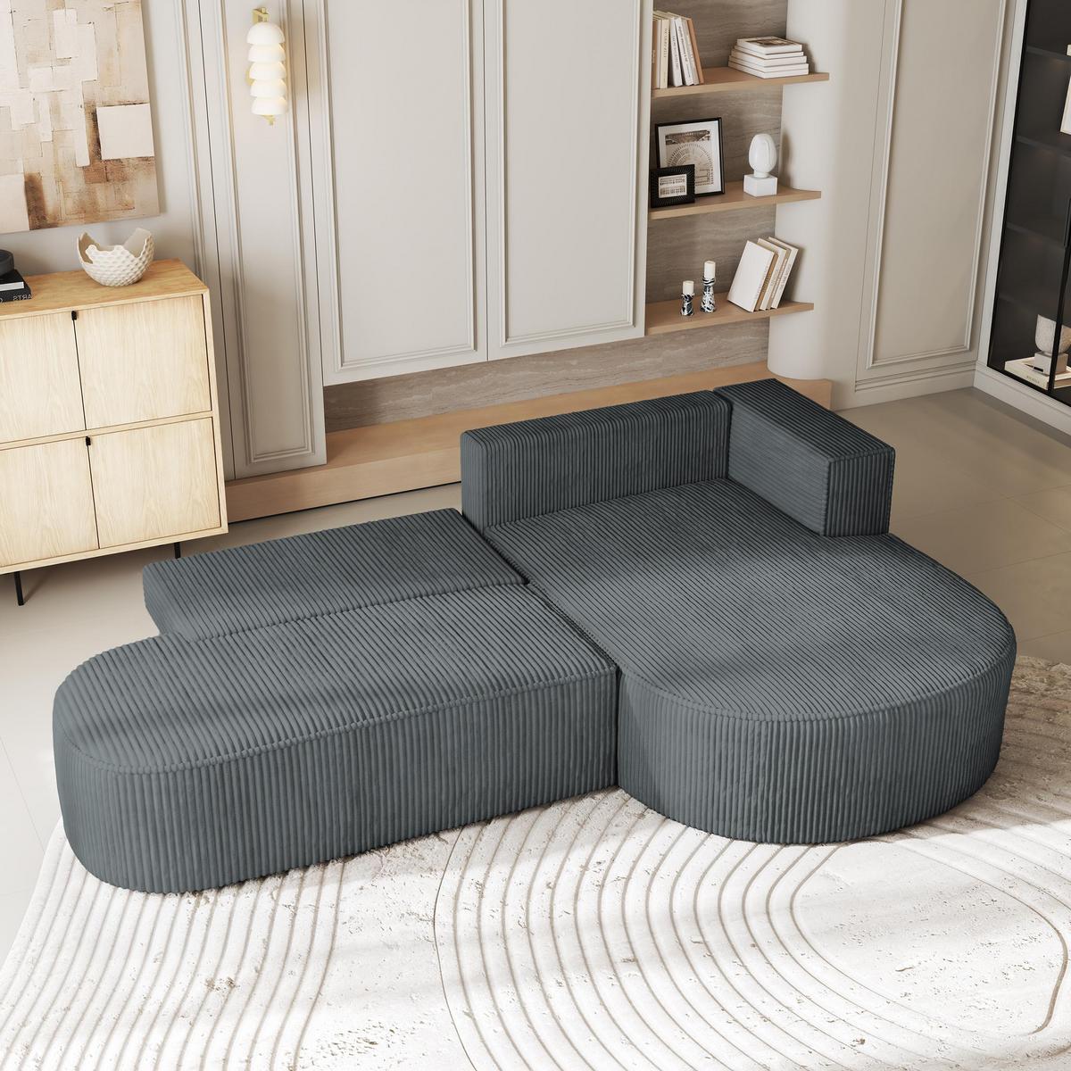 ECKSOFA CORTIO P R-S Grau Kordstoff mit Schlaffunktion - Grau, Holz (265/174cm) - MASSENO