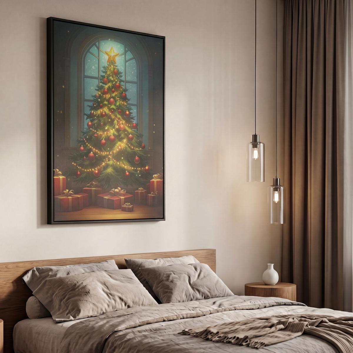 LEINWAND Bilder mit Rahmen - Weihnachtsbaum - Geschenk - Winter - 60x90 - Grün, Textil (60/90cm) - MuchoWow