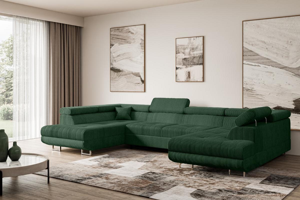 WOHNLANDSCHAFT mit Schlaffunktion und Bettkasten GUSA-U 342x202x107 cm Grün Cord - Silberfarben/Grün, Holzwerkstoff/Textil (342/107/202cm) - ALTDECOR