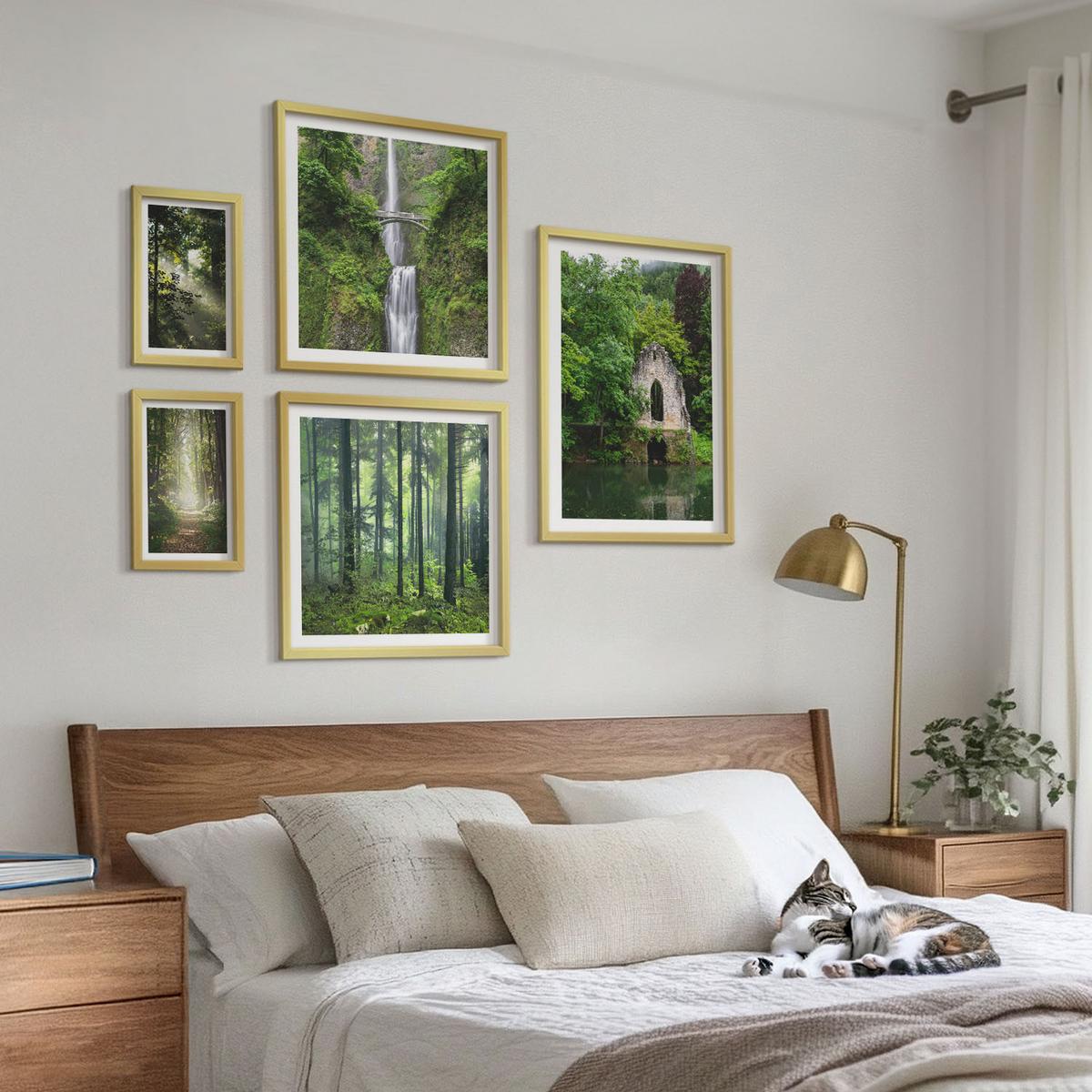 BILDER SET 5er Set - 50x50 cm & 20x30 cm & 40x60 cm Goldrahmen - Grüne Wälder, Lichtstrahlen - Goldfarben, Kunststoff (40/60cm) - TULUP