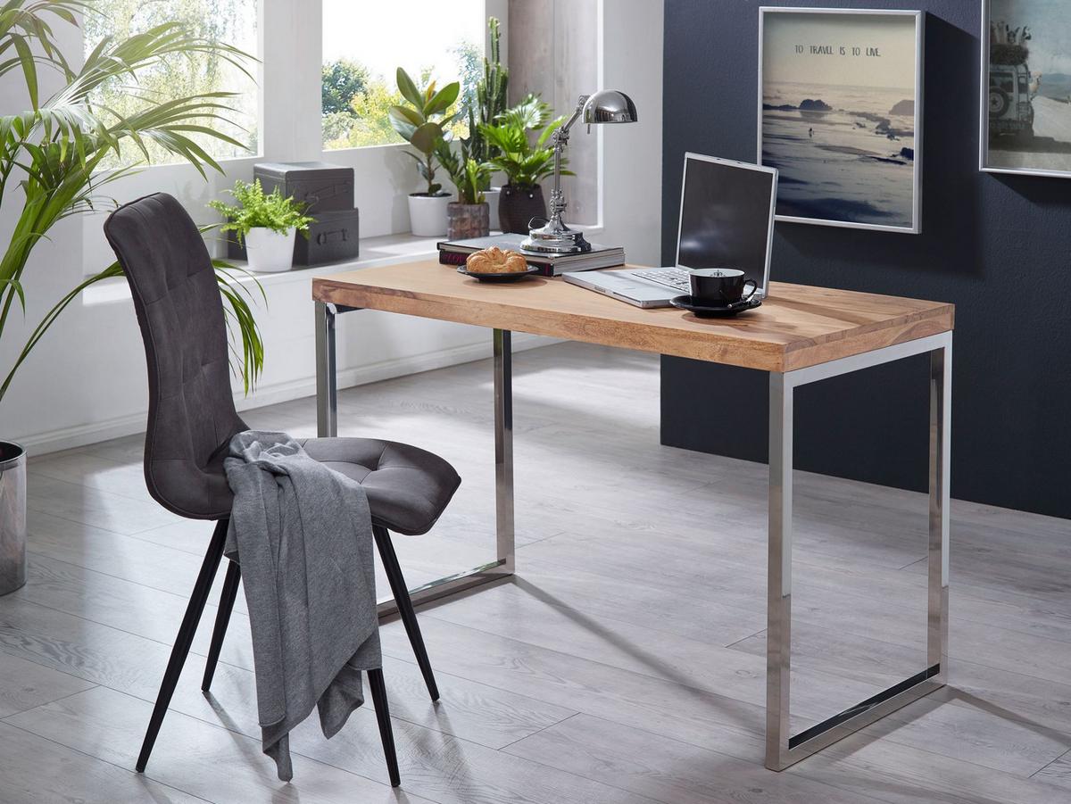SCHREIBTISCH Massivholz Metallbeine Landhausstil GUNA, Akazie 60x120x76 cm - Silberfarben/Akaziefarben, Holz/Metall (120/60/76cm) - KADIMA DESIGN