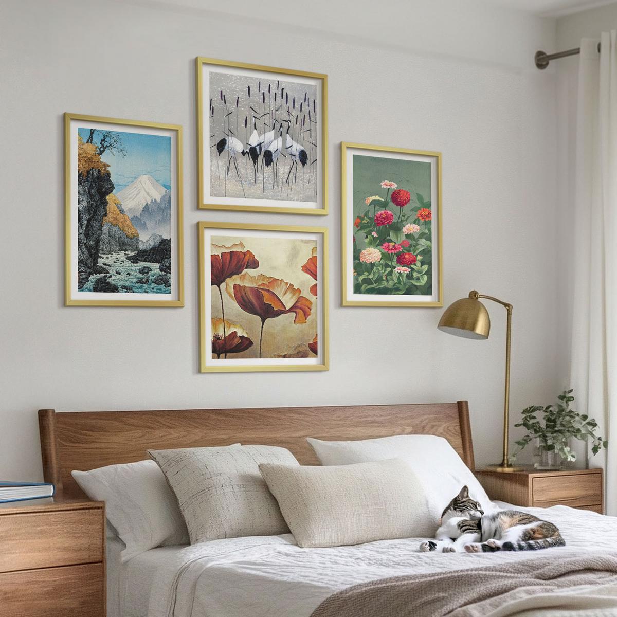BILDER SET 4er Set - 50x50 cm & 40x60 cm Goldrahmen - Berge, Wasserfälle, Vögel, Blumen - Goldfarben, Kunststoff (50/50cm) - TULUP