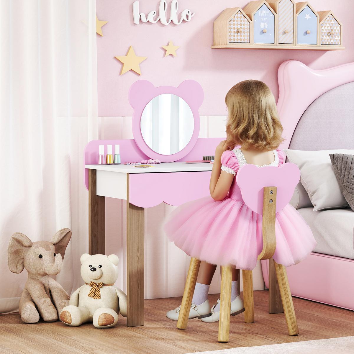 KINDER Schminktisch Set Frisiertisch mit Hocker Spiegel Schubladen Kosmetiktisch - Rosa/Naturfarben, Holzwerkstoff (35/86/68cm) - AIYAPLAY