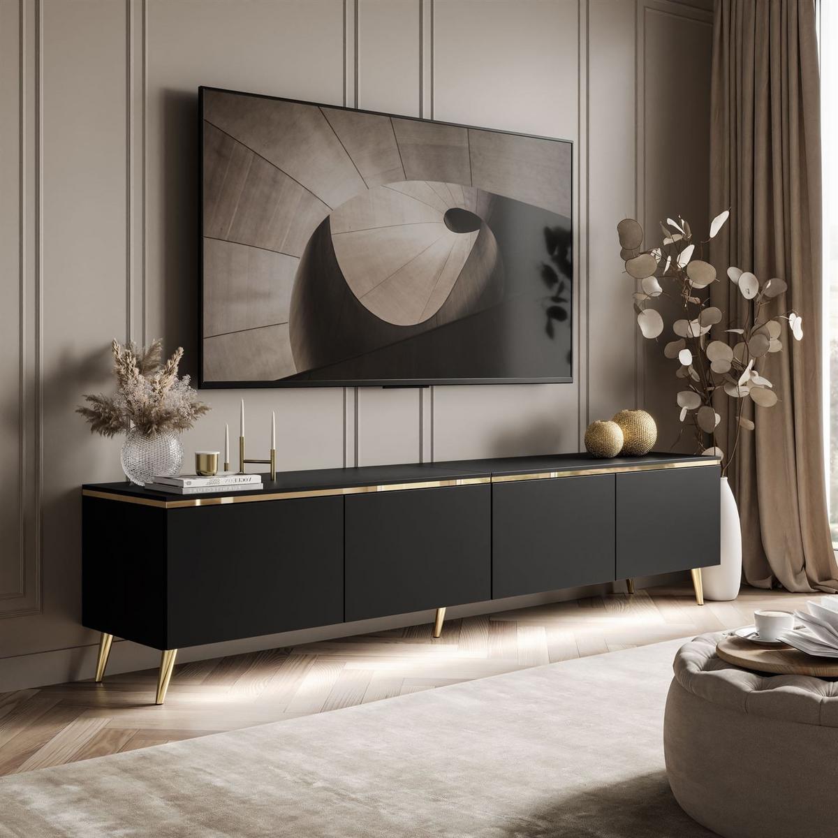 TV-SCHRANK CELINE 200 cm schwarz matt auf schräge goldenen Füßen - Schwarz, Holzwerkstoff (200/49/40cm) - Lookway