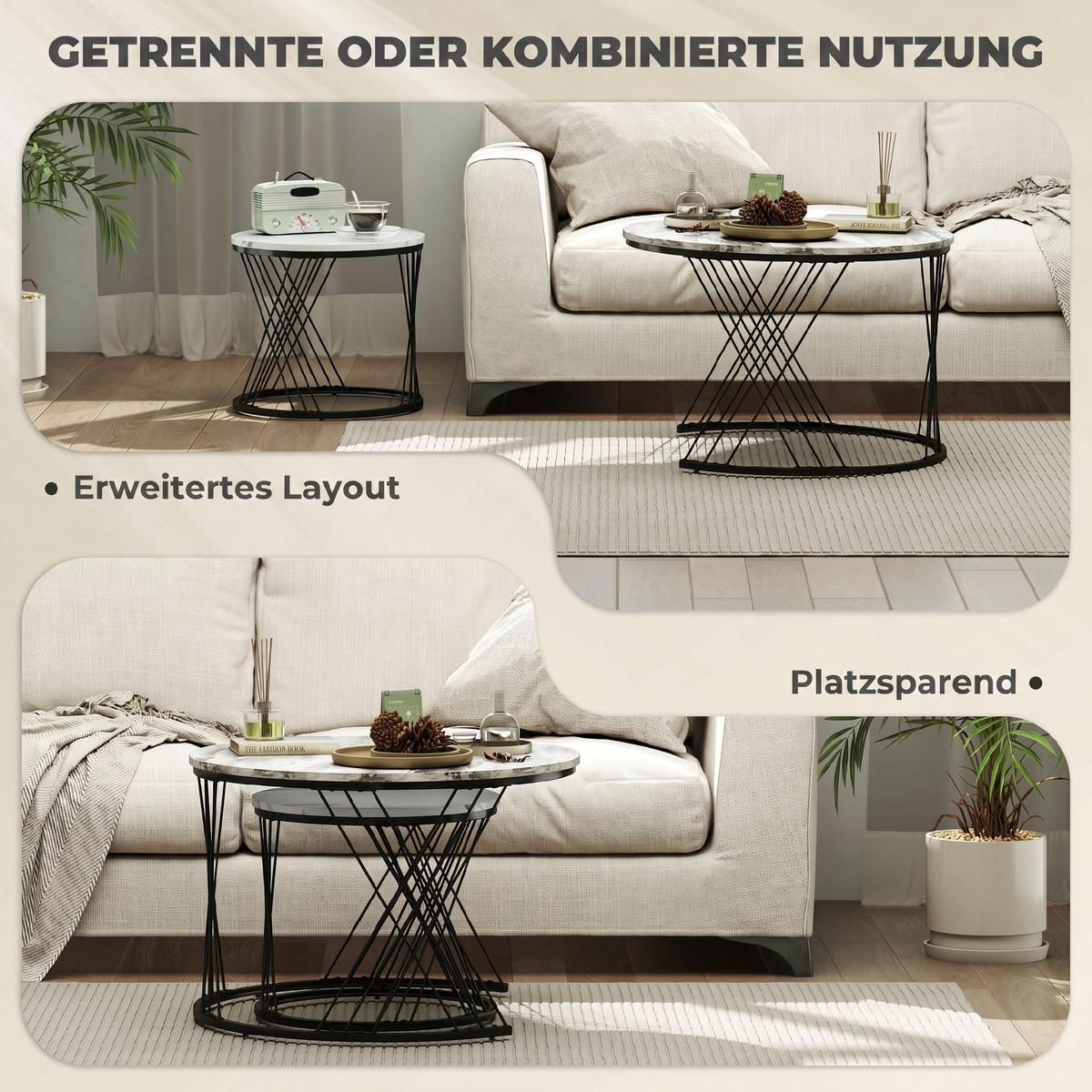 COUCHTISCH-SET 2er Set Spanplatte Metall Grau+Weiß+Schwarz - Multicolor/Schwarz, Holzwerkstoff/Metall (70/70/46.5cm) - HOMCOM