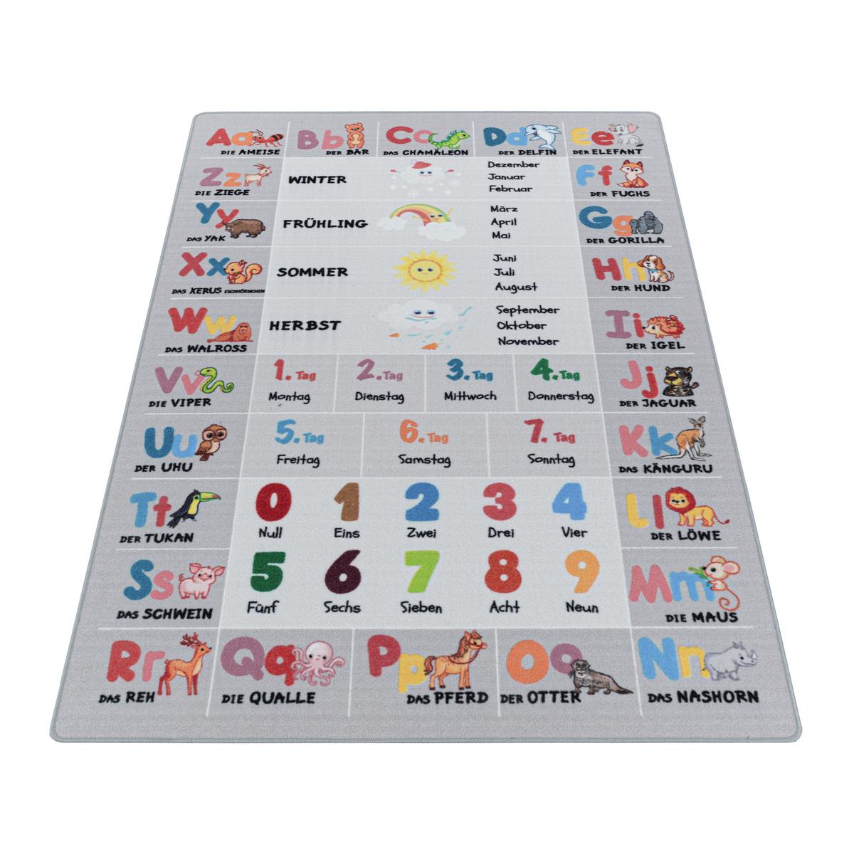 KINDERTEPPICH TRAUN, mit Alphabet-Zahlen-Tiere-Motiv, Grau, 140 x 200 cm - Grau, Textil (200/140cm) - KADIMA DESIGN