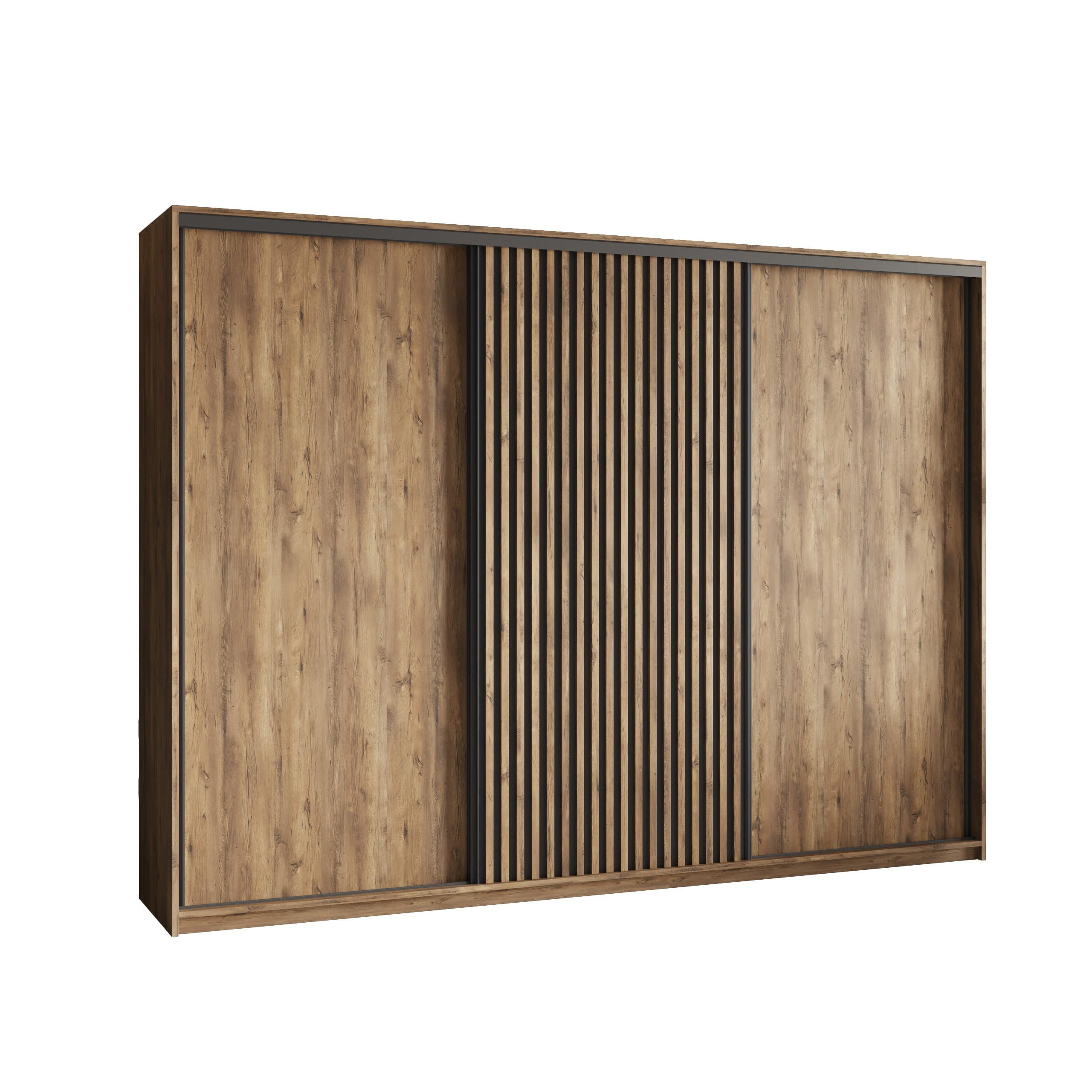 SCHWEBETÜRENSCHRANK VONTE 250/205/60 cm 3-türig mit Lamellen Eiche Lefkas - Eichefarben/Schwarz, Holzwerkstoff (250/205/60cm) - MASSENO