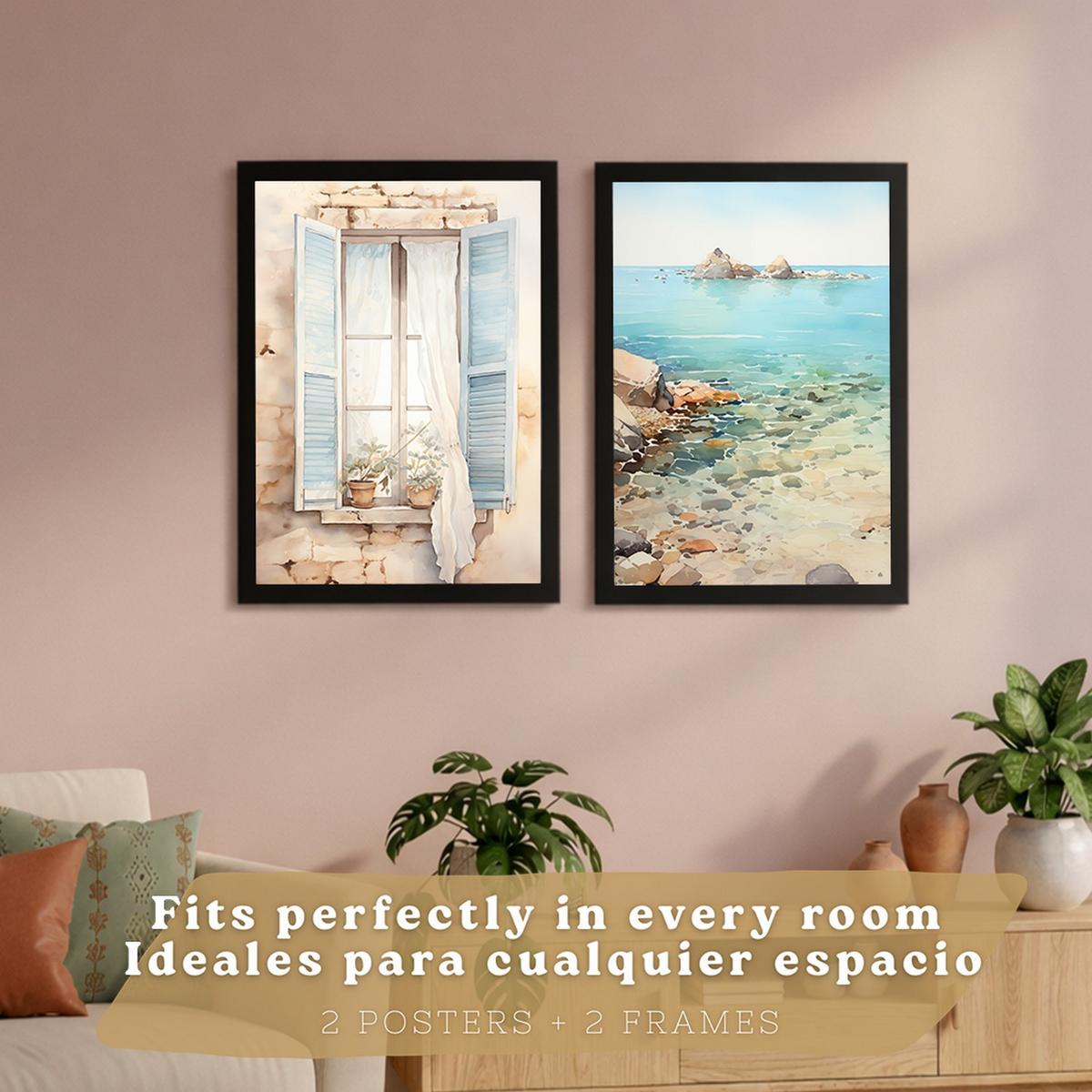 POSTER 3er Bilder-Set Wandbilder Meer Relax modern ohne Rahmen – Wohnzimmer Deko, Schlafzimmer, Küche, Badezimmer Schwarzer Rahmen A4 - Schwarz, Papier (29.7/1/21cm) - Nacnic