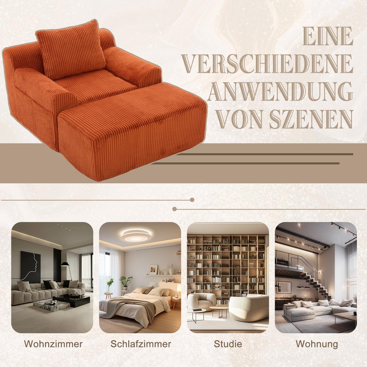 SESSEL mit Hocker in Cord Übergroßer Relaxsessel - Orange, Textil (110/67/147cm) - Urban Meuble