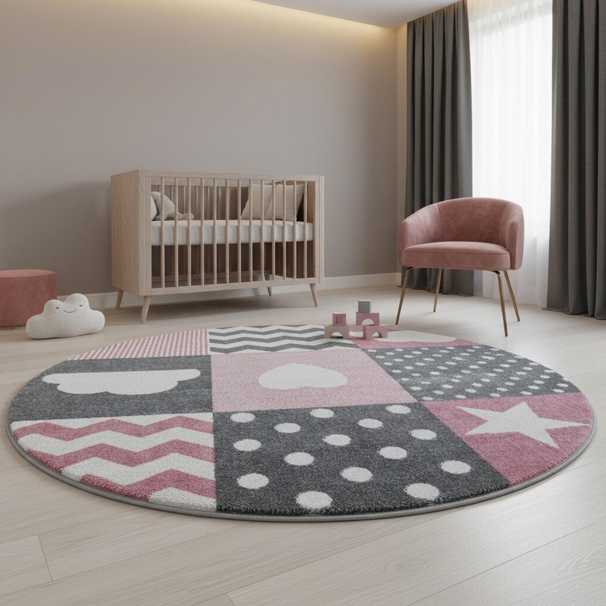 KINDERTEPPICH TASNA, mit Herz-und-Stern-Motiv, Rosa, Ø 120 cm - Rosa, Textil (120/120cm) - KADIMA DESIGN