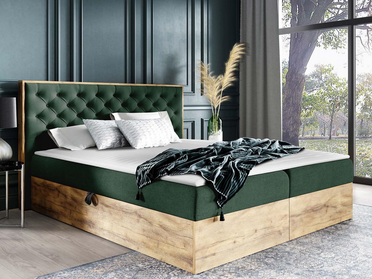 BOXBETT Wood 3 - H3 - Eiche Wotan/Grün, Holz/Textil (160/200cm) - MIRJAN24
