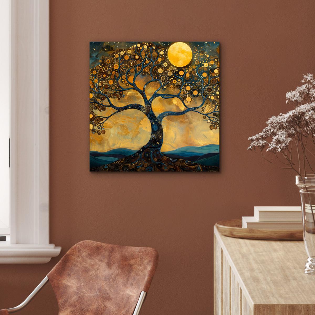 METALLBILD Baum - Mond - Blumen - Gold - Kunst 50x50 cm - Orange, Metall (50/50cm) - MuchoWow