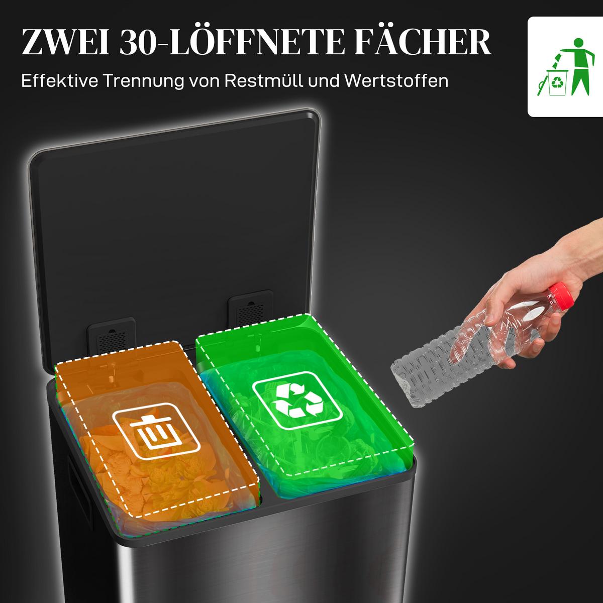 MÜLLEIMER 30l Edelstahl Kunststoff Schwarz - Schwarz, Metall (37.5/66.8/47.7cm) - HOMCOM