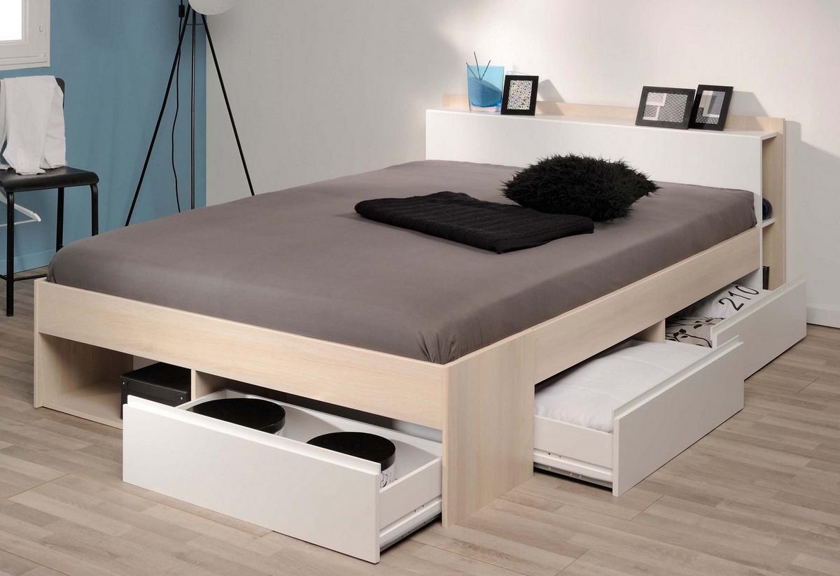 BETT mit Regal und 3 x Schubkasten Stauraumbett 160 x 200 cm - Weiß/Akaziefarben, Holz/Holzwerkstoff (160/200cm) - Parisot Meuble