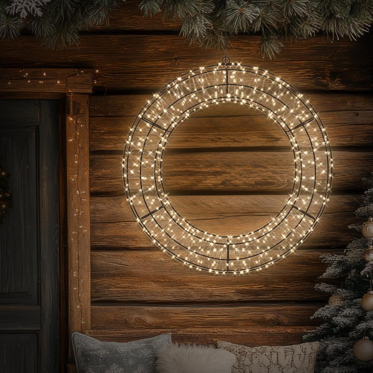 LED WEIHNACHTSKRANZ Ø58 cm Weihnachtsdeko mit Lichterkette Warmweiß Lichterkranz Außen - Schwarz, Metall (58/58/6.5cm) - ECD-Germany