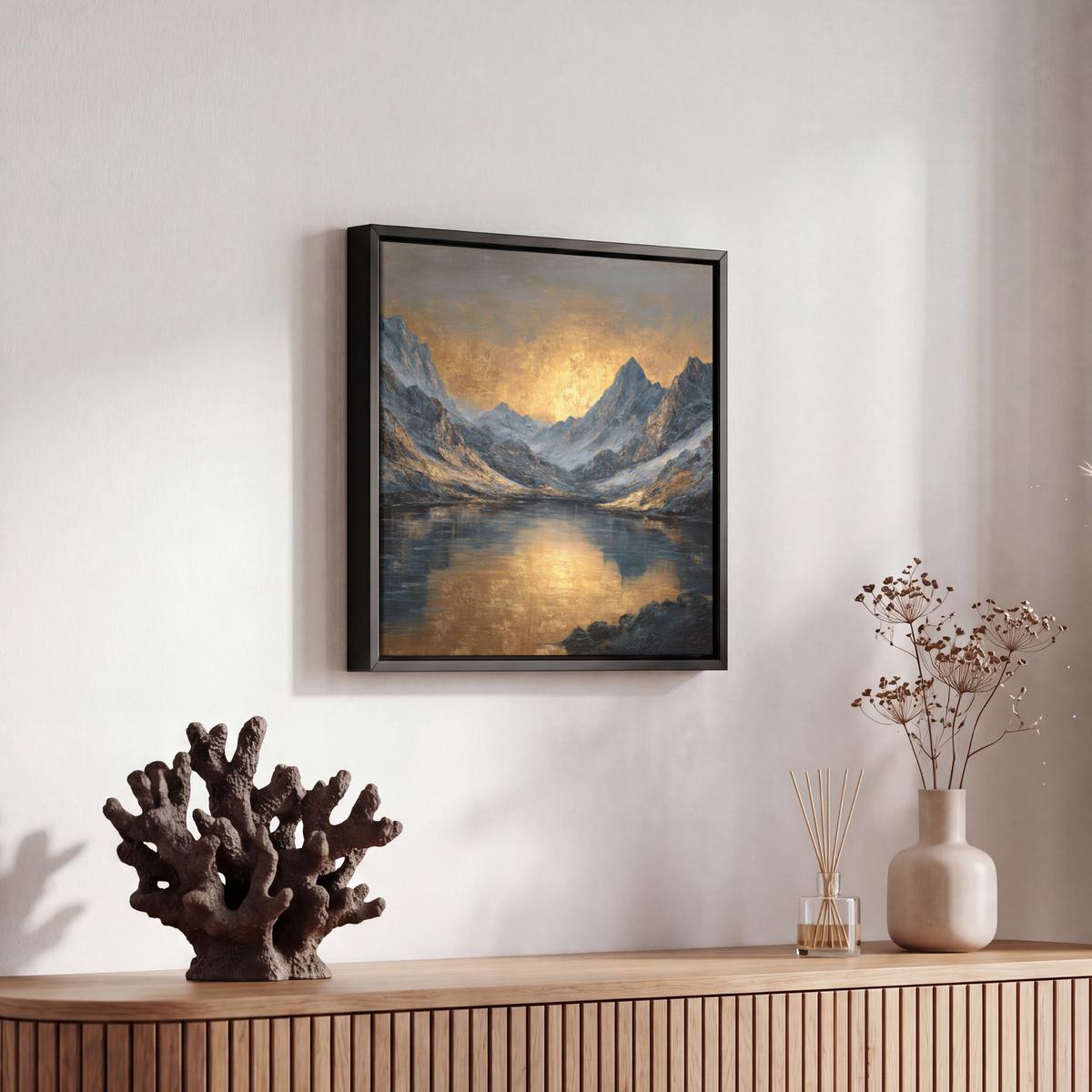 LEINWAND Bilder mit Rahmen - Bergkulisse mit goldenem Sonnenuntergang - 20x20 - Goldfarben, Textil (20/20cm) - MuchoWow