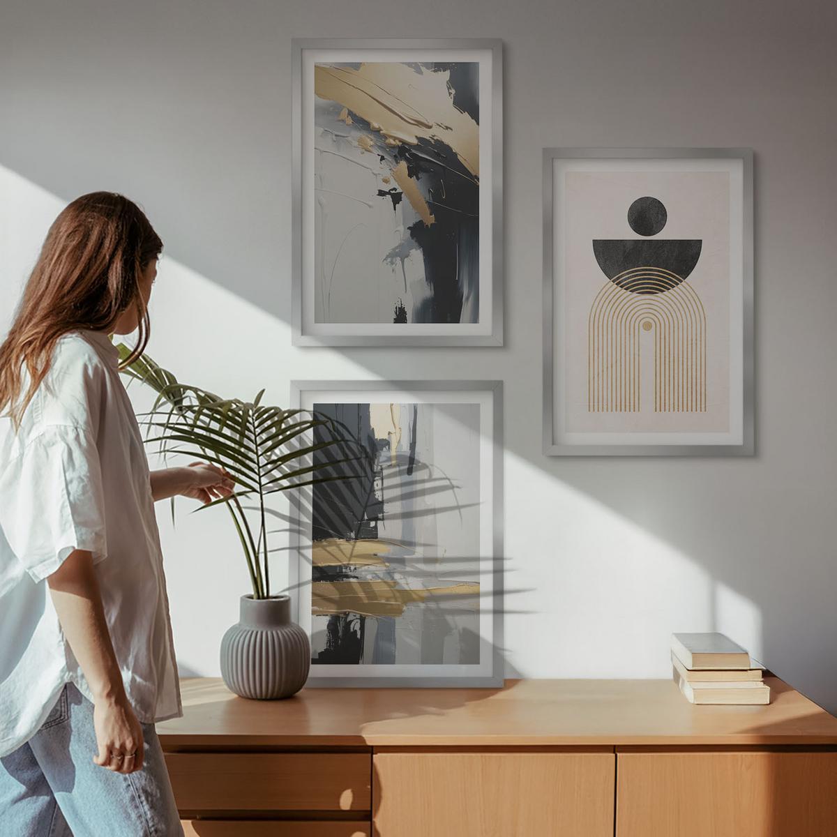 BILDER SET 3er Set - 40x60 cm Silberner Rahmen - Abstrakte Geometrie Eleganz - Silberfarben, Kunststoff (40/60cm) - TULUP